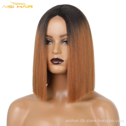 Aisi Short Bob Lace Front Wig for White Black Women 14 Inch Middle Part Straight Bob Wig Synthetic Black Color Wig